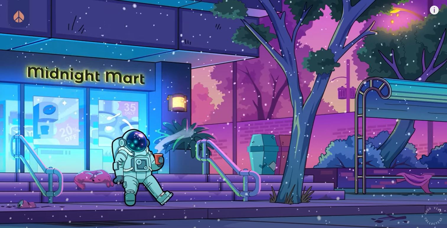 Load video: GoodVibez Radio YouTube Video of LO-FI Playlist. Astronaut sits outside of a mini mart drinking a coffee on the steps with a dog companion at their side.