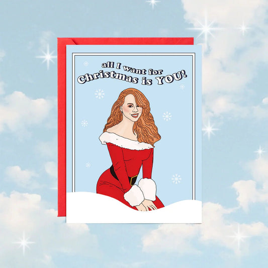A festive holiday card inspired by Mariah Carey, featuring vibrant colors and joyful decorations.