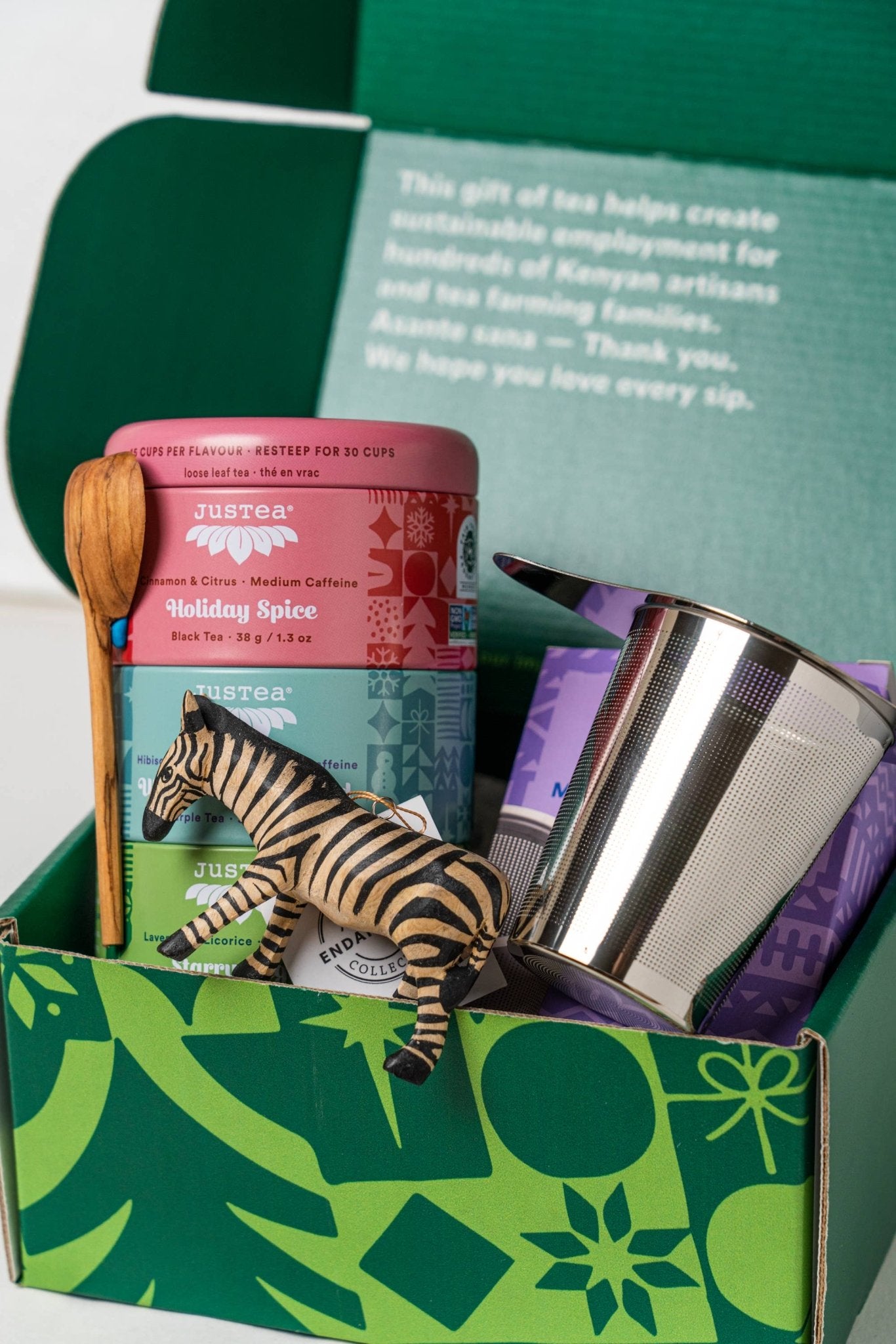 Holiday Gift Box - Tea Tin, Zebra Ornament, Spoon, Infuser - The Good Vibez Collective